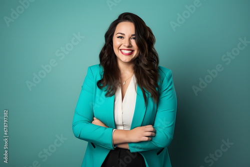 Slightly overweight businesswoman smiling confidently. Bold and vibrant clean minimalist studio portrait, copy space. photo