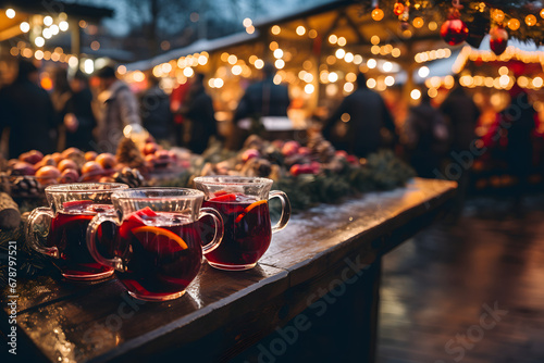 Christmas background with mulled wine on a wooden table. background for text or product. photo