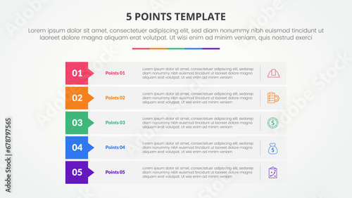 5 points stage template infographic concept for slide presentation with rectangle stack callout badge header with 5 point list with flat style