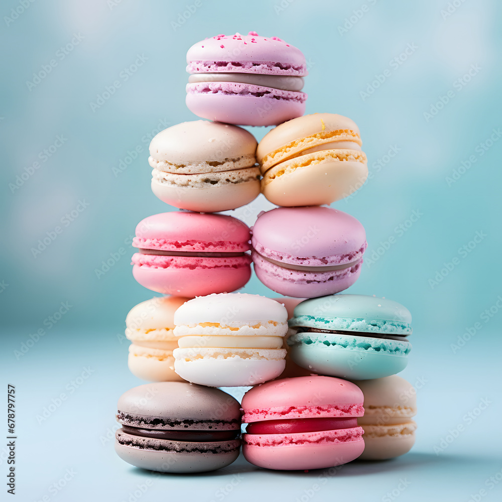 Macaroons close-up. A pyramid of cakes. A pile of cookies. Delicate pink and blue colors, delicious dessert. Macaroons close-up. A pyramid of cakes. A pile of cookies. Delicate pink and blue colors, delicious dessert.