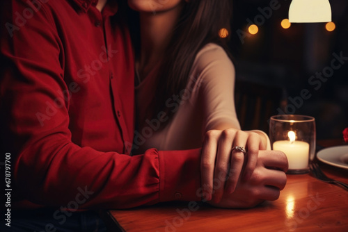 Romantic couple holding each other's hand at dinner in a restaurant photo