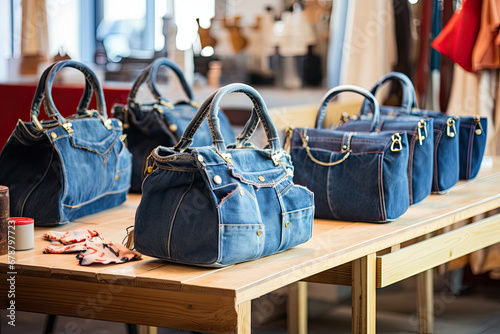 Handbags made from old jeans on a dressmaker table. DIY, denim upcycling, using old jeans, upcycle denim stuff. Sustainable lifestyle, hobby, crafting, recycling, zero waste concept photo