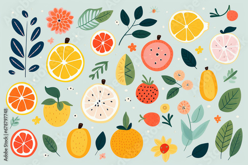 Assorted citrus fruits and floral elements on a pastel backdrop