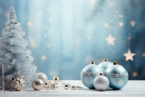 Beautiful Christmas blue tree , blue balls on a beautiful snowy background. Beautiful Christmas card
