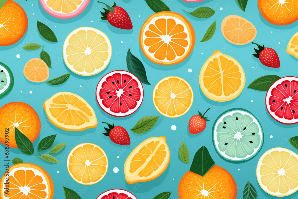 Bright citrus fruit slices and strawberries on a turquoise background