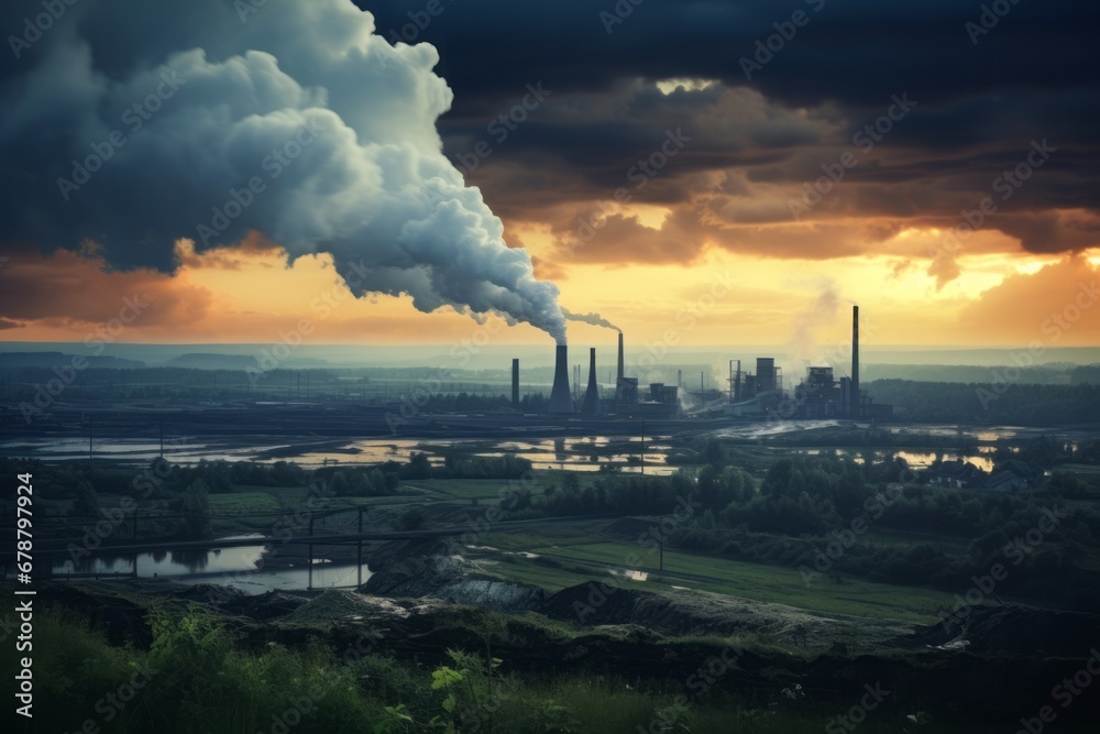 Smoking industrial chimneys. Concept: ecological problems, industrial pollutions