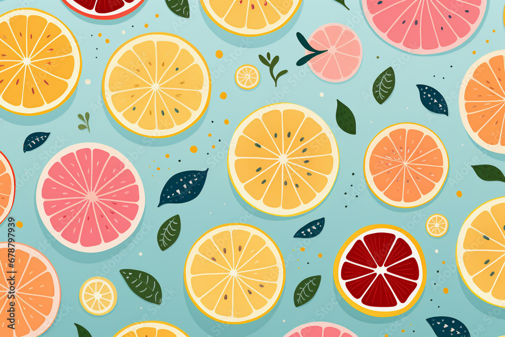 Sliced citrus fruits and leaves on a pale blue background Sliced citrus fruits and leaves on a pale blue background