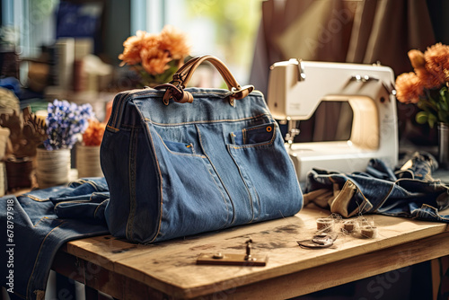 Handbags made from old jeans on a dressmaker table. DIY, denim upcycling, using old jeans, upcycle denim stuff. Sustainable lifestyle, hobby, crafting, recycling, zero waste concept photo