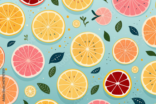 Sliced citrus fruits and leaves on a pale blue background