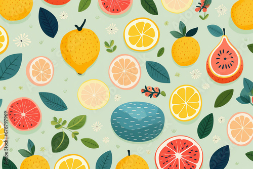 Pattern of whole and sliced citrus fruits with leaves on blue