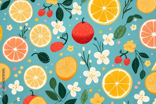 Floral and citrus pattern with strawberries on a teal background