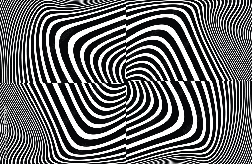 Line art optical art. Psychedelic background. Monochrome background. Optical illusion style. Black dark background. Modern pattern. Abstract graphic texture. Graphic ornament