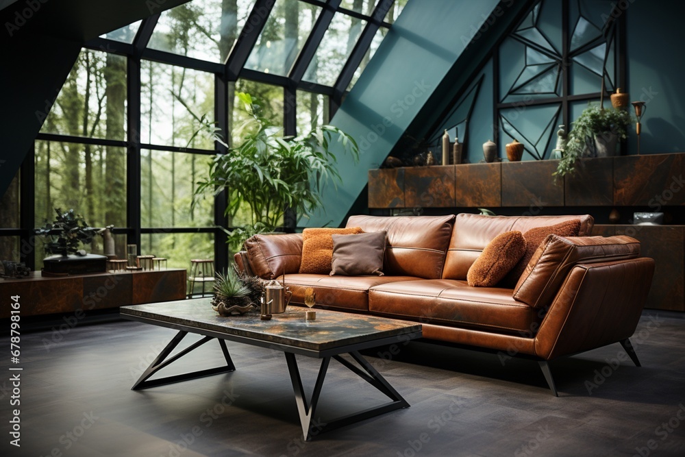 Loft interior design of modern living room with a brown leather sofa against a tiled mosaic wall