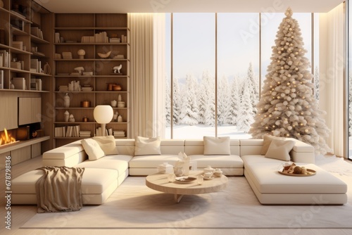 Large view of a modern cream style living room with Christmas decorations, tree and Christmas gifts. photo