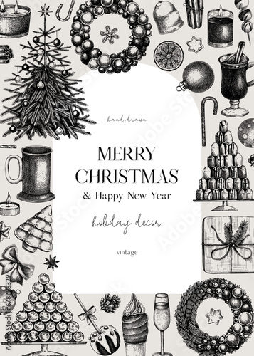 Christmas card design. Hand drawn vector illustration. Winter holiday background. Christmas tree decoration, Christmas wreath, hot dinks, sweets and gift sketches. Vintage template