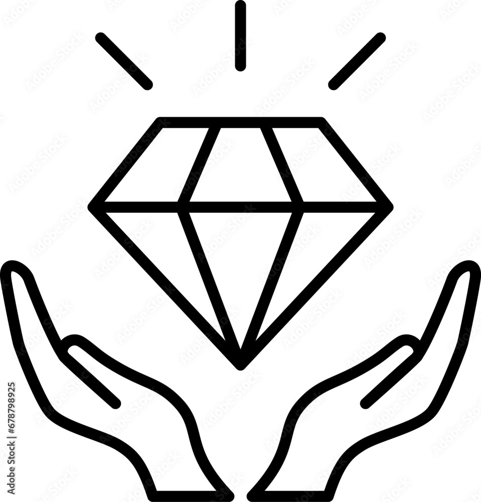 Linear vector icon of a diamond in the hands as a company main values concept Linear vector icon of a diamond in the hands as a company main values concept