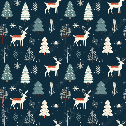Winter seamless pattern with deer and snowy trees. Christmas vector pattern. Winter background.