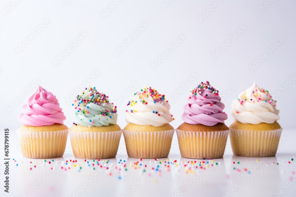 A row of cupcakes with frosting and sprinkles. A row of cupcakes with frosting and sprinkles.
