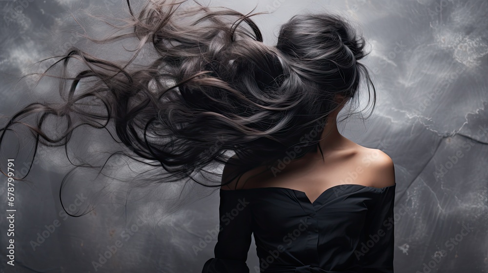 a woman in a black dress with her hair blowing in the wind in front of ...
