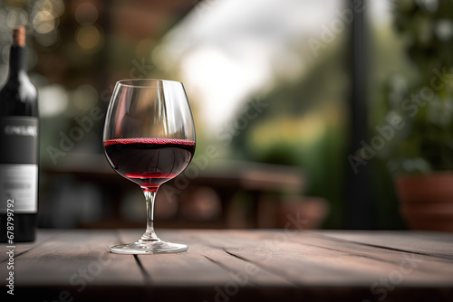 Glass of red wine on the table outdoors on blurred background