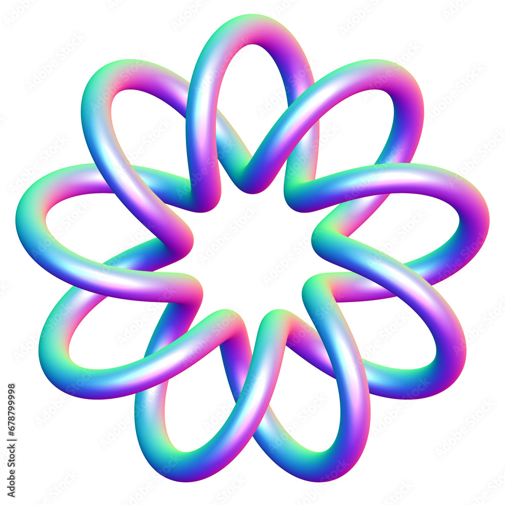 Holographic 3D shape isolated on a transparent background. Trendy abstract geometric design element in blue, purple, and pink colors.