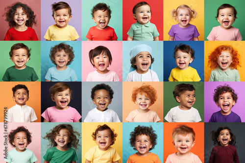 Collection of young laughing children or kids and babies background group of multicultural people photo