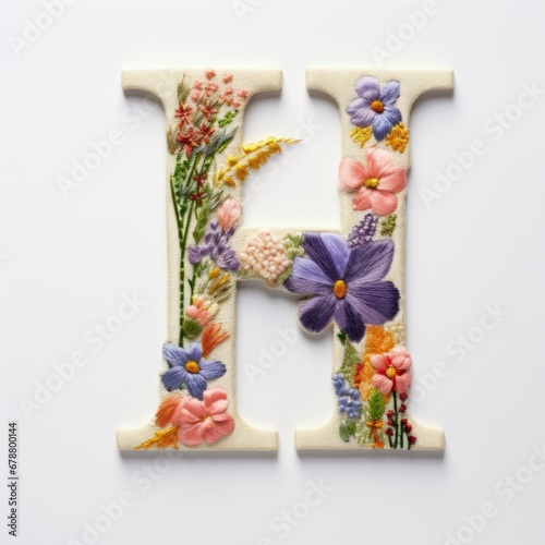 The letter h is decorated with flowers and leaves. Embroidery effect, floral design. photo