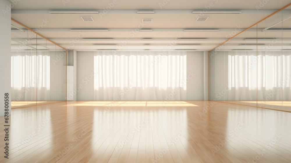 A room with a mirror and a wooden floor. Dancing studio mockup. A room with a mirror and a wooden floor. Dancing studio mockup.