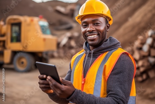 Mature African American man stands at construction site against tractors. Senior African American engineer in helmet with tablet in hands smiles posing