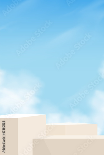 Sky Blue and Cloud Background,3D Beige Podium Display Step on Summer Sky,Vector Scene Platform Showcase Mockup for cosmetic product presentation,Website Banner for Spring,Summer Sale,Promote