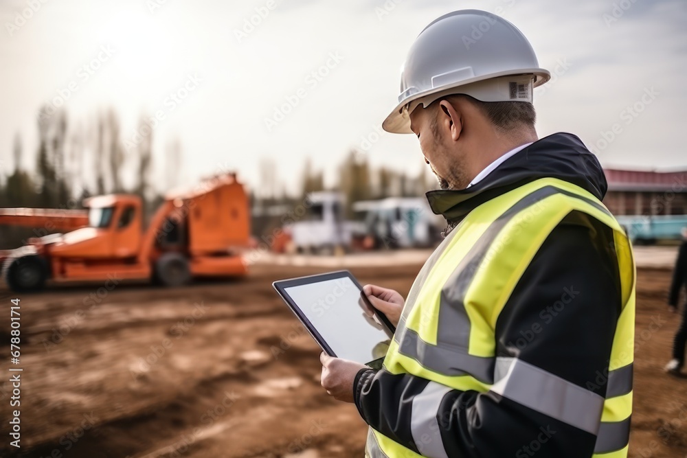 A middle aged Caucasian industrial engineer in white hard hat and working on tablet PC. Foreman or Supervisor on construction site. A middle aged Caucasian industrial engineer in white hard hat and working on tablet PC. Foreman or Supervisor on construction site.