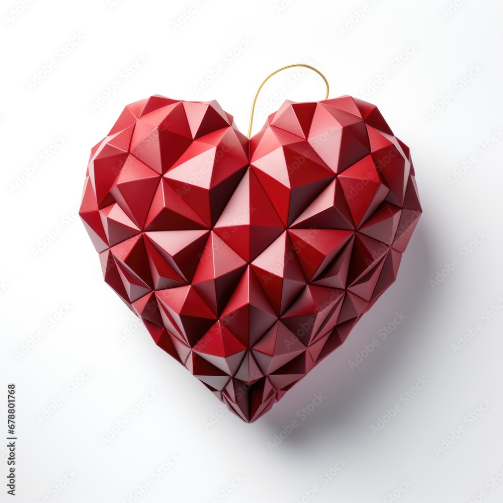 A red origami heart ornament on a white surface. A red origami heart ornament on a white surface.