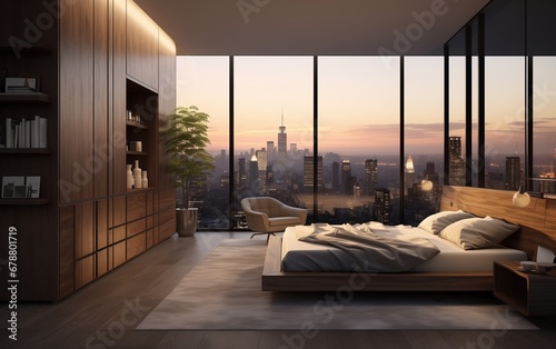 Modern bedroom with big window and city view. Interior of contemporary bedroom with big wooden cupboard.