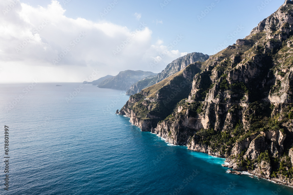 Positano, Italy. Rugged Mountains of the Amalfi Coast. Aerial Drone Photo