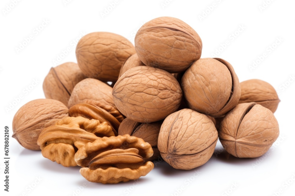 A pile of walnuts on a white surface.