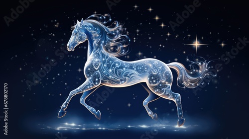 A white horse is running through the night sky.