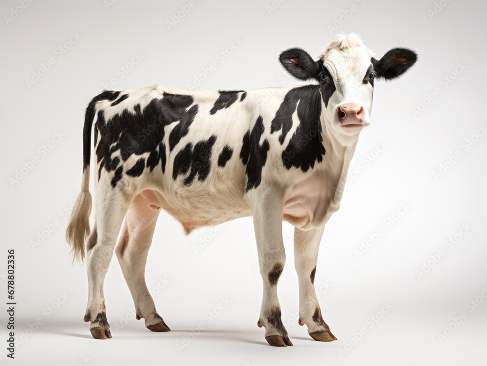 A black and white cow standing on a white surface.