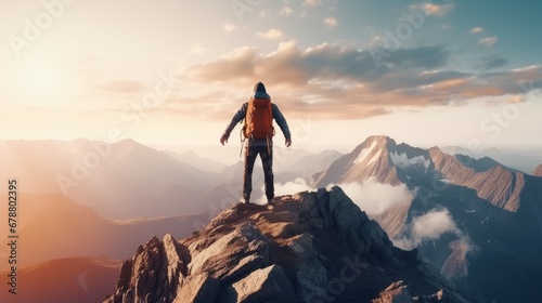 Successful man stand top of alps mountain. Fun adventure. Hiker achieve high rock peak. Travel success freedom motivation concept. Tourist climber go hike enjoy view. Backpacker explore epic journey.