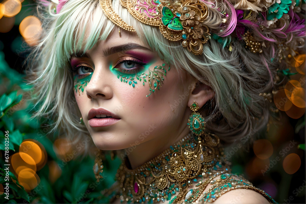 Fototapeta premium Portrait of a woman in carnival mask, vibrant make-up