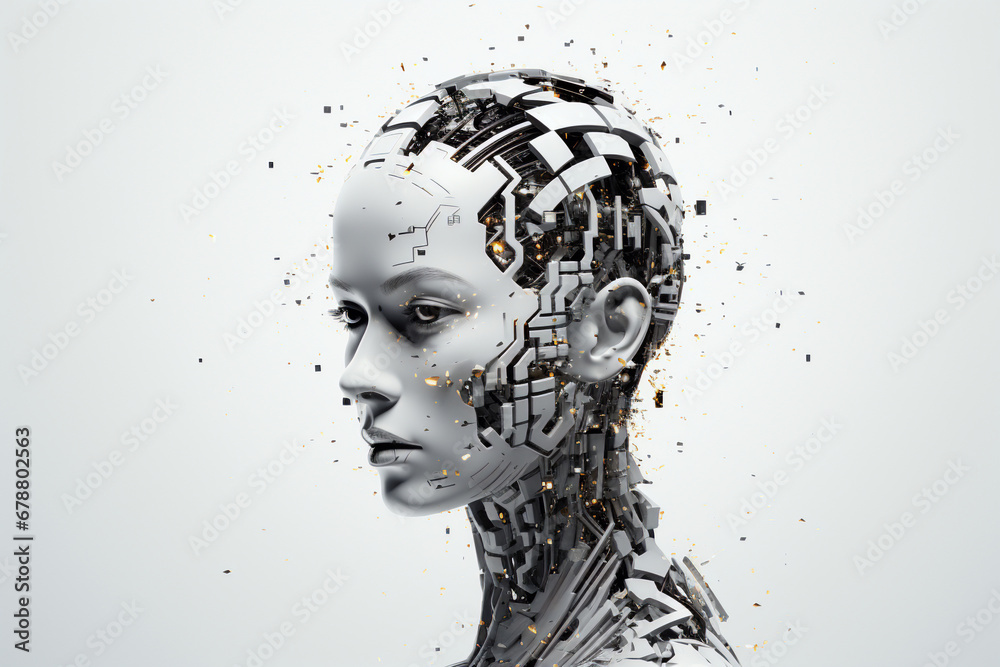 Female cyborg face disintegrating into digital pixels Female cyborg face disintegrating into digital pixels