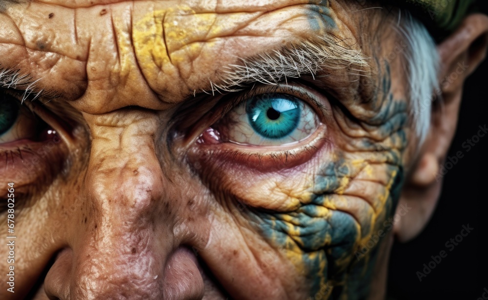 Close up a soldiers face covered in camouflage paint, blend into their surroundings Close up a soldiers face covered in camouflage paint, blend into their surroundings