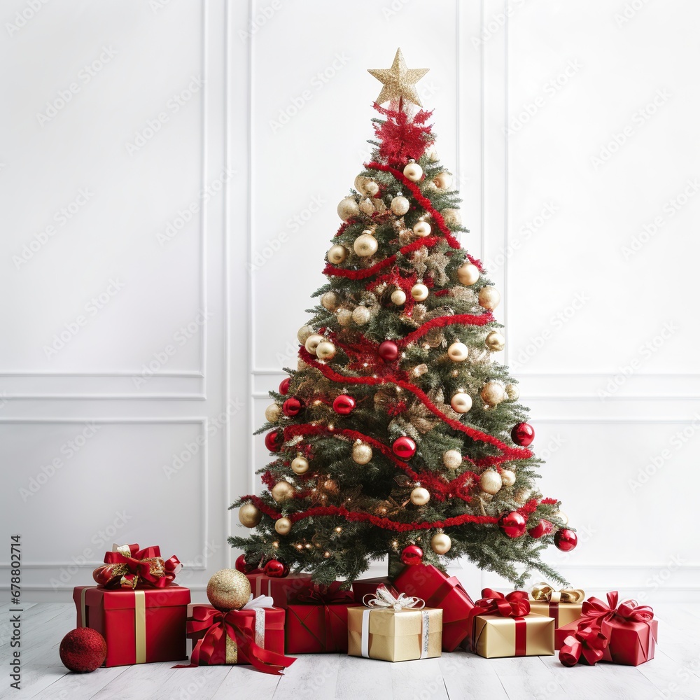 Elegantly decorated Christmas tree with gold and red ornaments and warm lights. Seasonal celebration scene with a lit Christmas tree and wrapped gifts.