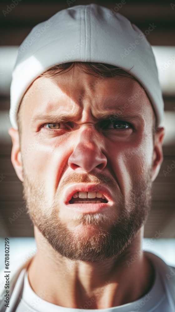 Sportsman's face emotions after victory. The concept of intensity and achievement Sportsman's face emotions after victory. The concept of intensity and achievement