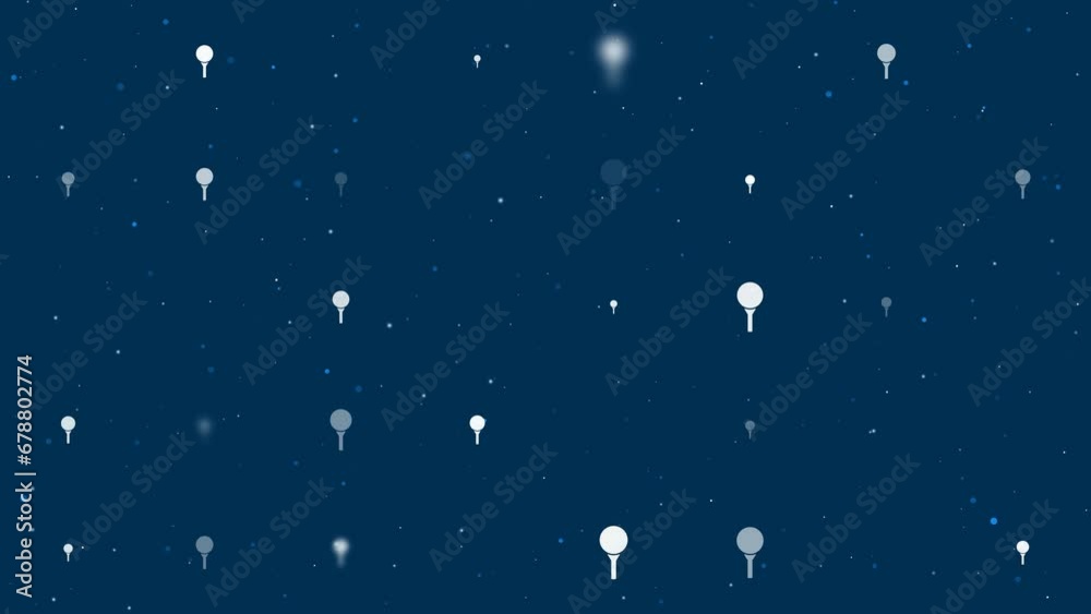 Template animation of evenly spaced golf symbols of different sizes and opacity. Animation of transparency and size. Seamless looped 4k animation on dark blue background with stars Template animation of evenly spaced golf symbols of different sizes and opacity. Animation of transparency and size. Seamless looped 4k animation on dark blue background with stars
