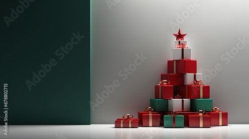 Festive Christmas tree concept with red, green, and white stacked gift boxes. Stylized Christmas tree made of presents with star toppers in a minimalist setting.