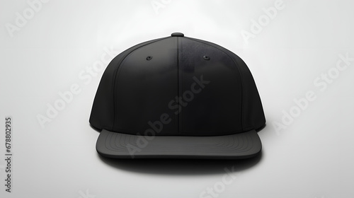 Blank black snapback hat mockup on plain background