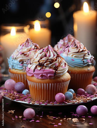 Festive Cupcakes Adorned with Blue and Pink Frosting and Fresh Berries