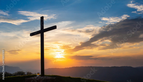 good friday concept cross with sunset in the sky background © Irene