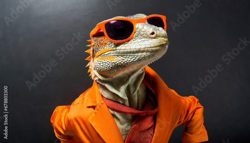 a humanoid lizard wearing a bright orange suit and sun glasses on black background