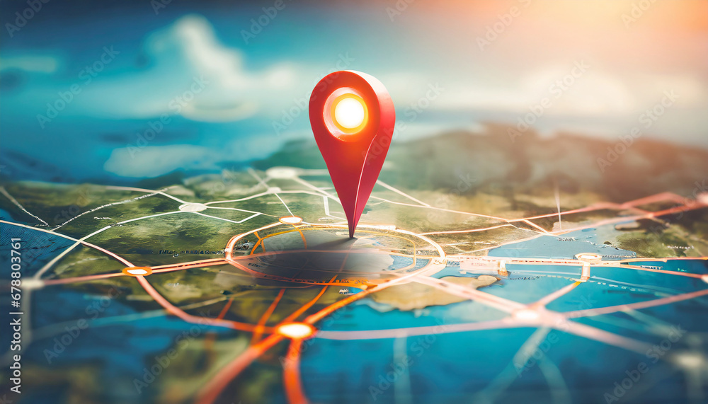 Fototapeta premium find your way location marking with a pin on a map with routes adventure discovery navigation communication logistics geography transport and travel theme concept background